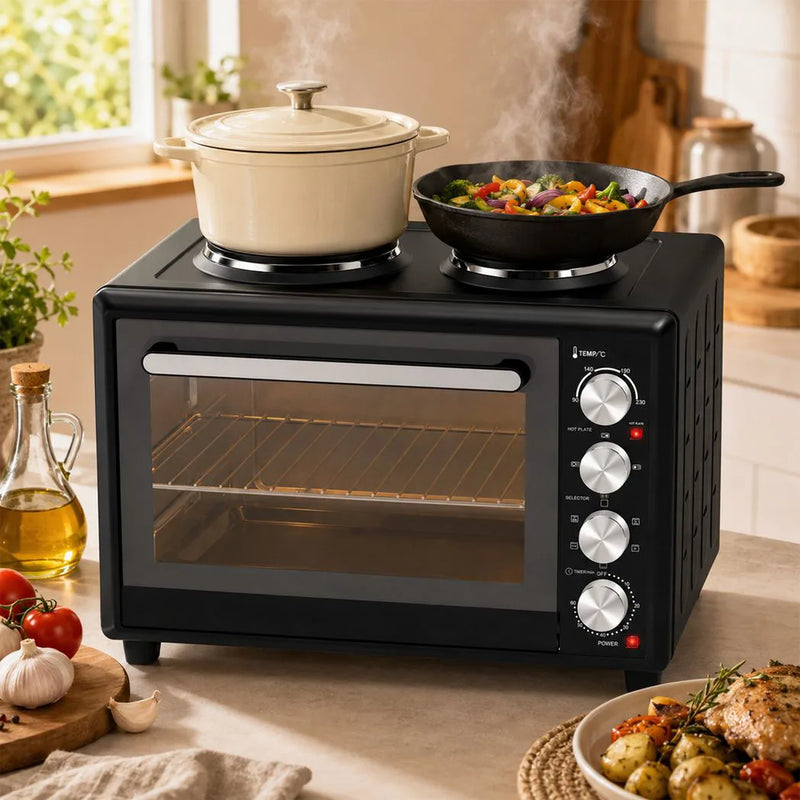 HOMCOM 46L Mini Oven with Dual Hot Plates, Electric Countertop Cooker with Convection, 90?230°C Adjustable Temperature