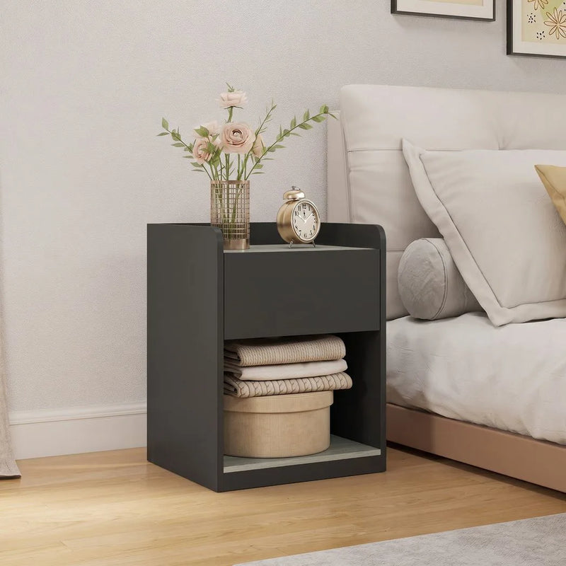 HOMCOM Modern Bedside Table, Slim Nightstand with Drawer, Shelf and Cable Holes, Black and Grey Wood Effect