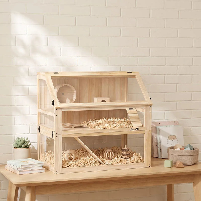 PawHut Wooden Hamster Cage with Detachable 31cm Deep Bottom, Hut, Seesaw, Exercise Wheel, Ramp, 80 x 50 x 76cm, Natural