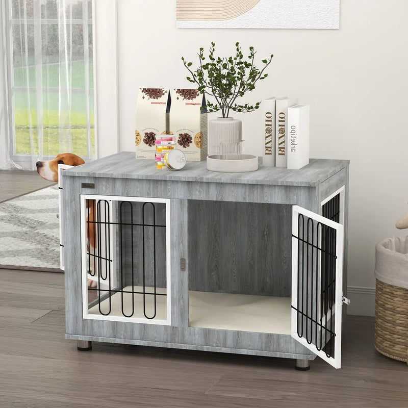 PawHut Dog Crate Furniture End Table, with Washable Cushion, Double Doors, for Medium/Large Dogs, Grey