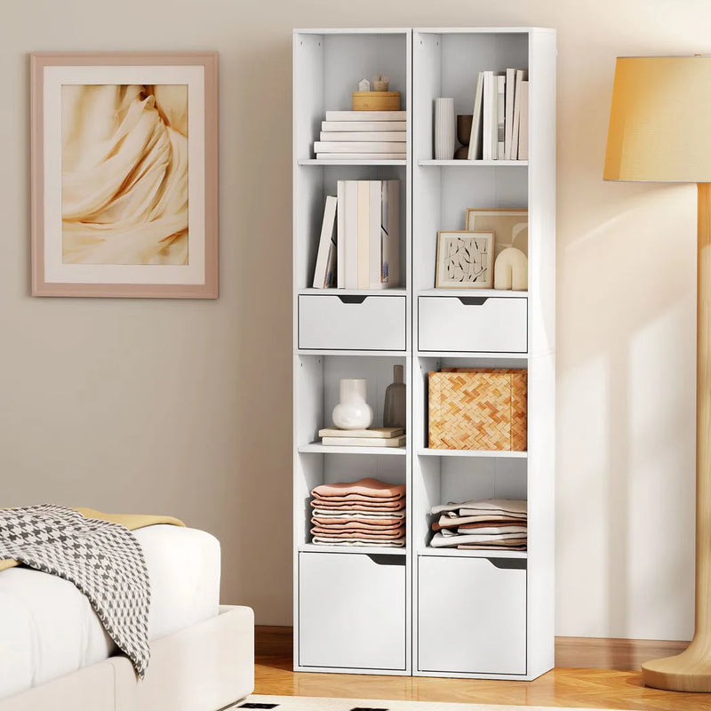 HOMCOM 6-Tier Bookcase, Tall Narrow Bookshelf with Drawer and Door - White