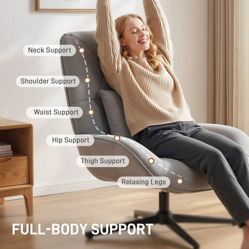 HOMCOM Accent Chair, Chenille Upholstered Swivel Armchair with Lumbar Pillow, High Back, Deep Seat and Metal Legs, Light Grey