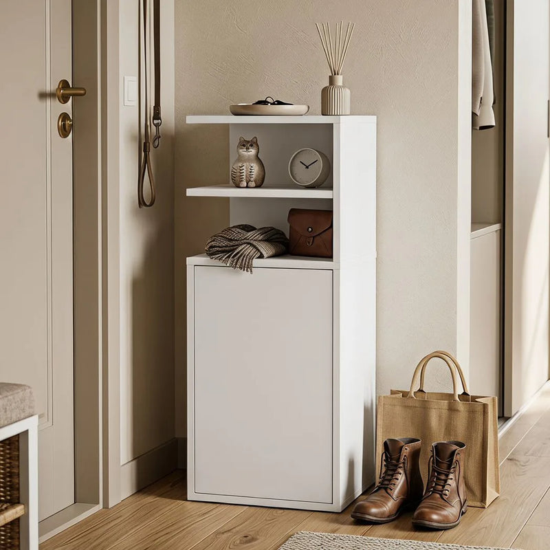 HOMCOM Slim Bedside Table Set of 2, Narrow Bedside Cabinet with Open Cubbies and Cupboard for Bedroom Living Room, White