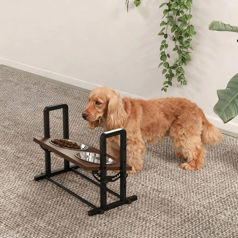 PawHut Raised Dog Bowls with Stand, 4 Heights Adjustable Pet Feeder with 3 Adjustable Angles for Small, Medium & Large Breeds, Brown