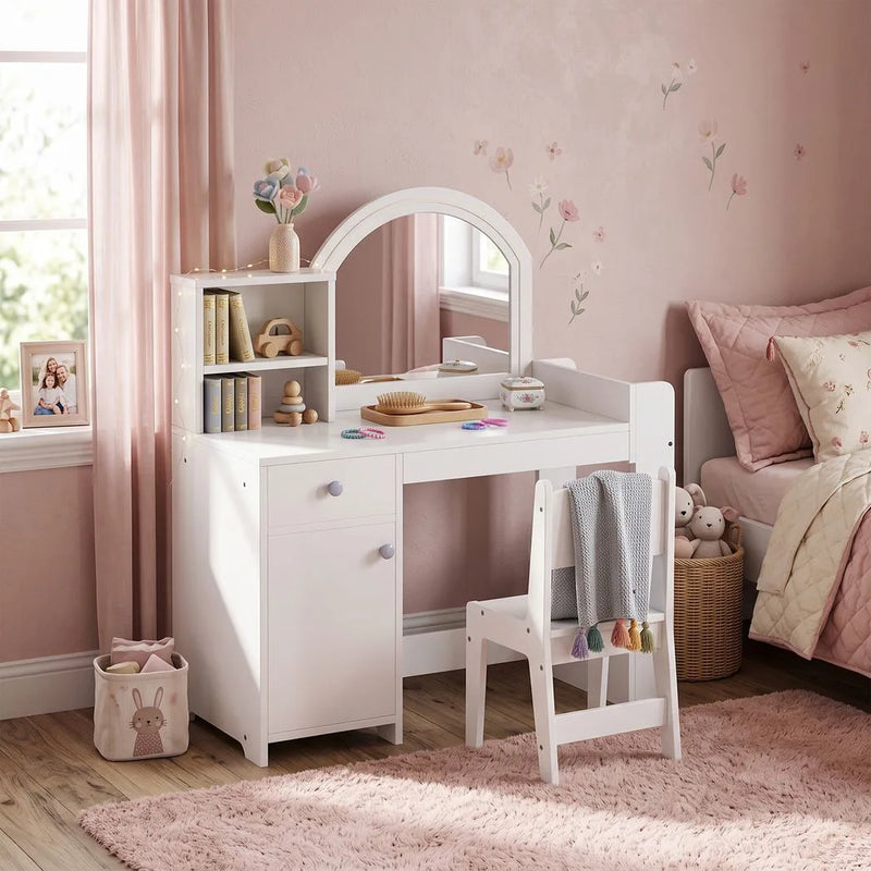AIYAPLAY Kids Vanity Table and Chair Set, Girls Dressing Table with 2-Colour LED Mirror, Stool, Cabinet, Drawer, Shelves, White