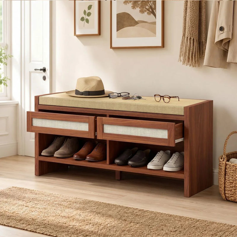 HOMCOM Boho Shoe Bench with 2 Rattan Drawers, Shoe Storage Bench with Cushioned Seat and Open Shelf Brown