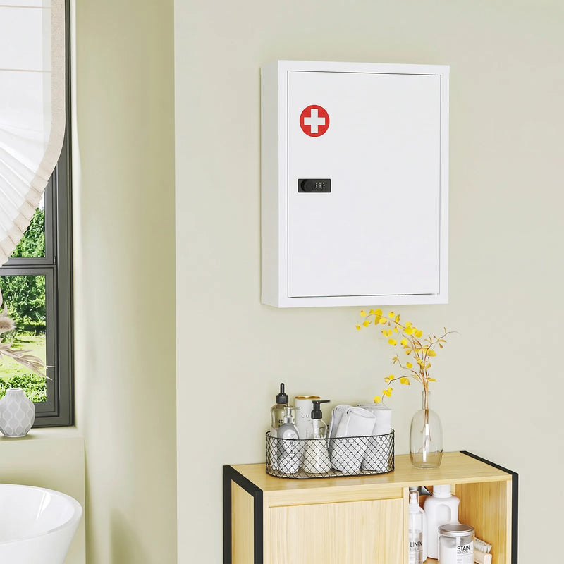 HOMCOM Wall Mount Medicine Cabinet, Bathroom Cabinet with Combination Lock, Door and Storage Shelves, White