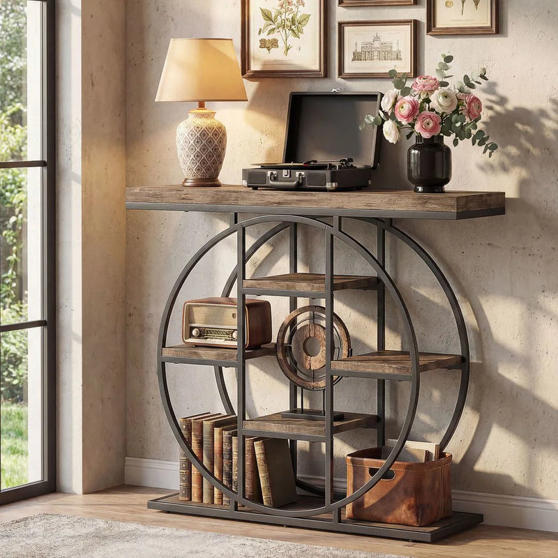 HOMCOM Industrial Console Table with Storage Shelves - Rustic Brown