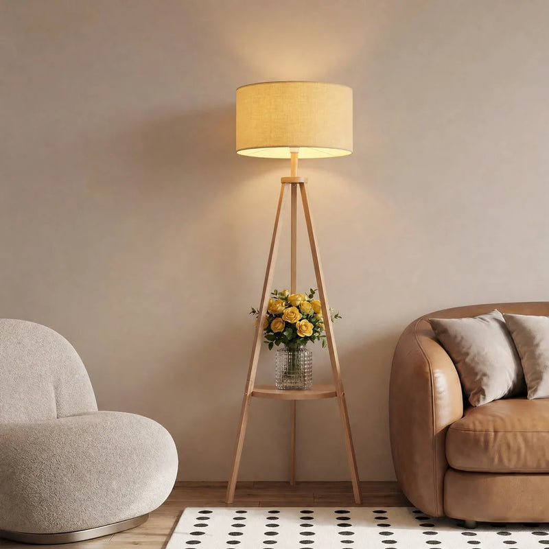 HOMCOM Bedside Light, Tripod Floor Lamp with Storage Shelf and Linen Shade for Living Room, 160cm, Natural Wood Colour