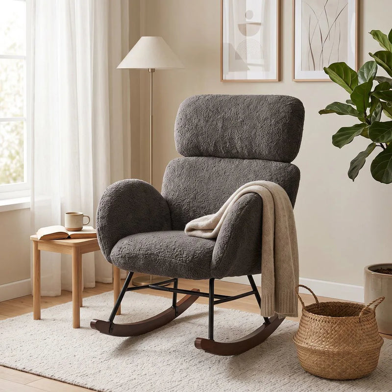 HOMCOM Upholstered Rocking Chair Adjustable Headrest Rocker Chair Raindrop Velvet Rubberwood Base Dark Grey