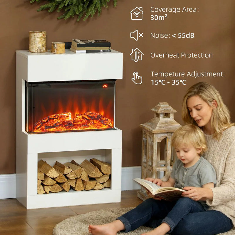 HOMCOM 19" Electric Fireplace with Surround, 3D Flame Effect, 6 Colours & 3 Brightness Levels, 1000W/2000W White Electric Fire and Mantel Reach up to 30? Space with Remote & Timer, 3 Sided View