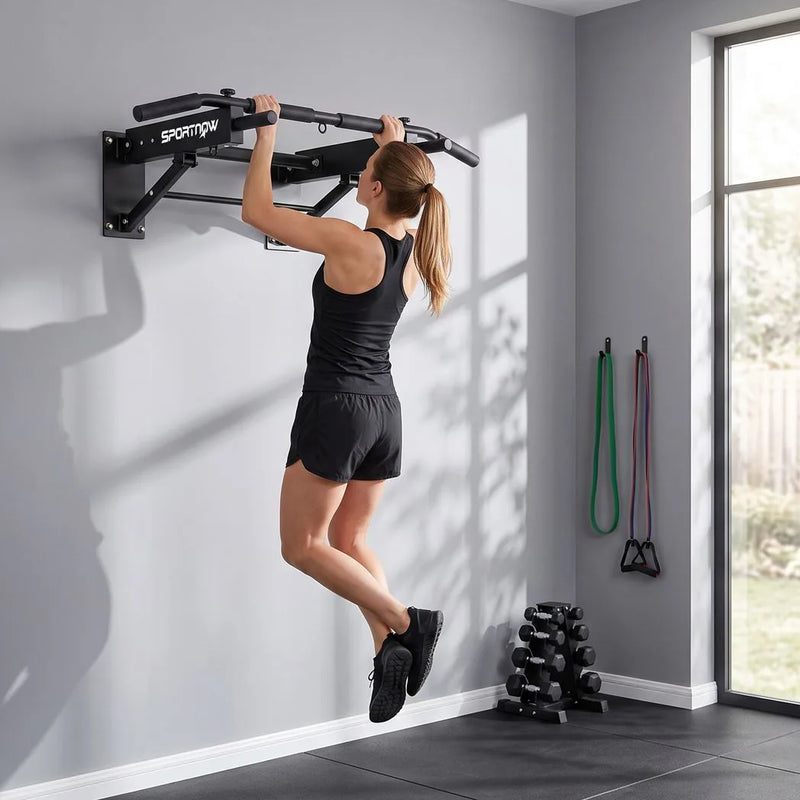 SPORTNOW Pull Up Bar Wall Mounted Chin Up Bar with Folding Design, 3 Hooks for Resistance Bands, Supports up to 120 kg, Black