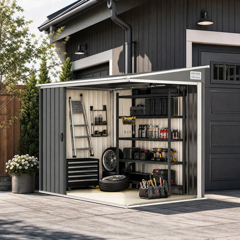 Outsunny 7 x 5ft Galvanised Metal Shed, with Sliding Door - Light Grey