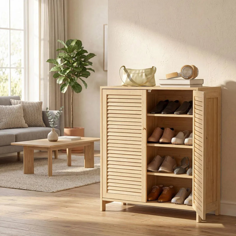 HOMCOM Bamboo Shoe Cabinet with Louvered Doors, 14 Pairs Shoe Storage Cabinet with Adjustable Shelves for Hallway, Natural