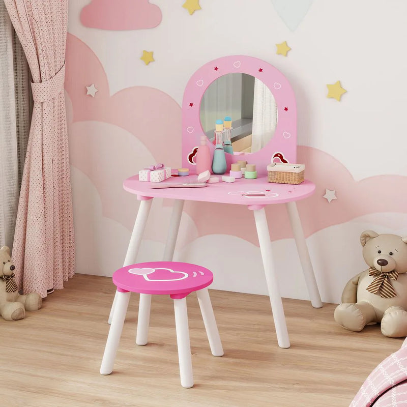 AIYAPLAY Kids Dressing Table with Mirror and Stool, Girls Vanity Set for Kids Room, Bedroom, Nursery, for Ages 3?6 Years, Pink