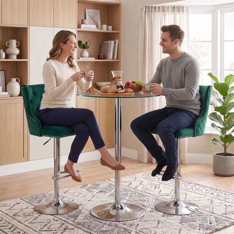 HOMCOM Bar Stools Set of 2, Modern Swivel & Adjustable Velvet Barstools with Button-Tufted Back, Footrest for Home Bar, Green