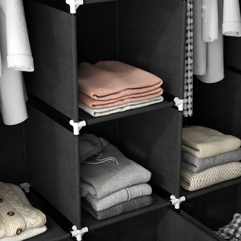 HOMCOM Foldable Fabric Wardrobe for Bedroom, Portable Wardrobe with 5 Shelves, 2 Hanging Rails and 3 Fabric Drawers, Black