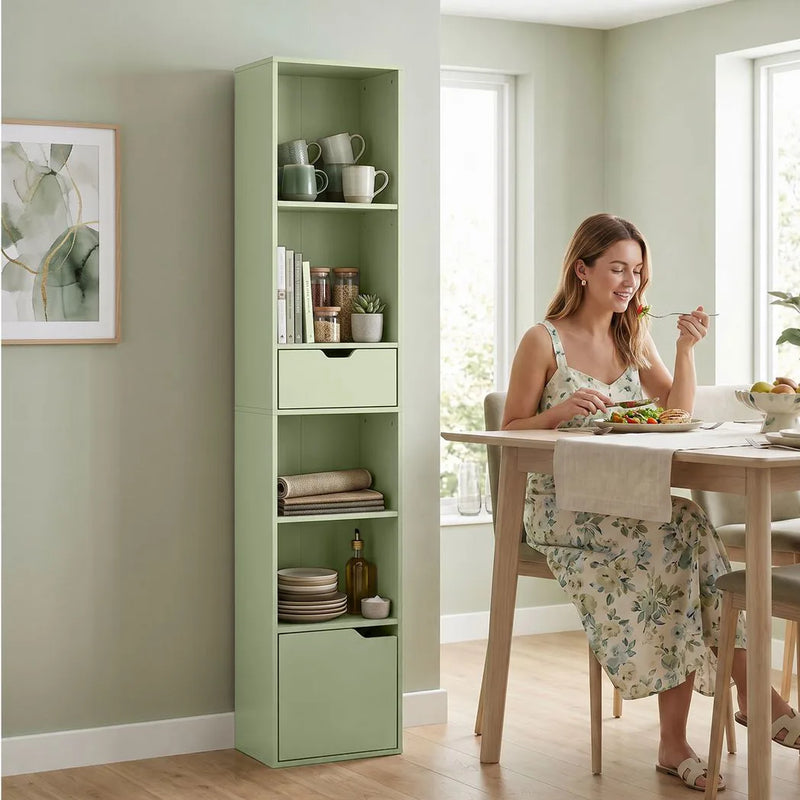 HOMCOM 6-Tier Bookcase, Tall Narrow Bookshelf with Drawer and Door - Green