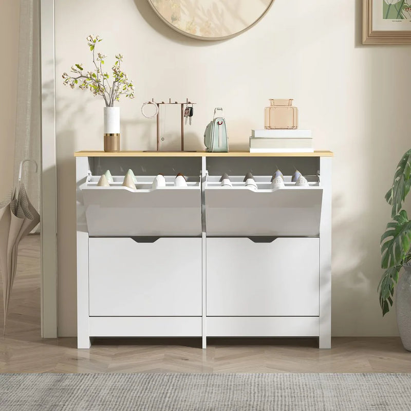 HOMCOM Slim Shoe Cabinet, Narrow Shoe Cupboard with 4 Flip Drawers, Adjustable Shelves for 16 Pairs of Shoes, White