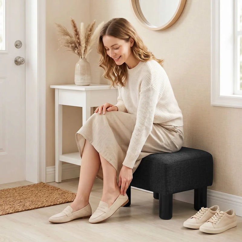 HOMCOM Linen Fabric Footstool Ottoman Cube with 4 Plastic Legs, Black