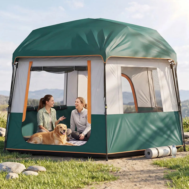 Outsunny Cabin Tent Easy Setup 3000mm Waterproof Camping Tent 4 Person with Carrying Bag Green