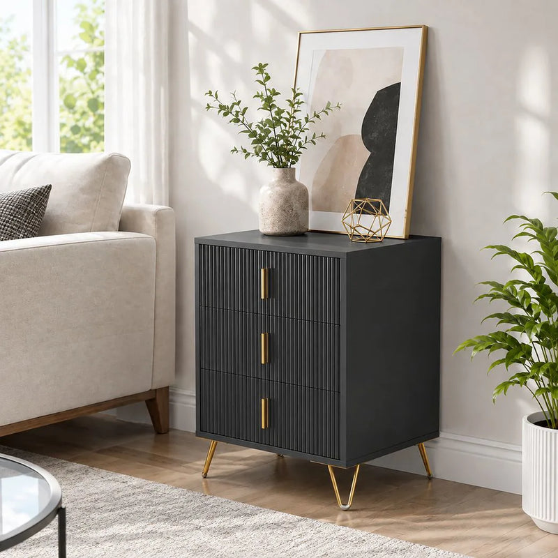 HOMCOM Modern 3-Drawer Dresser, Fluted Bedroom Dresser Chest of Drawers with Metal Legs and Steel Handles for Bedroom, Black