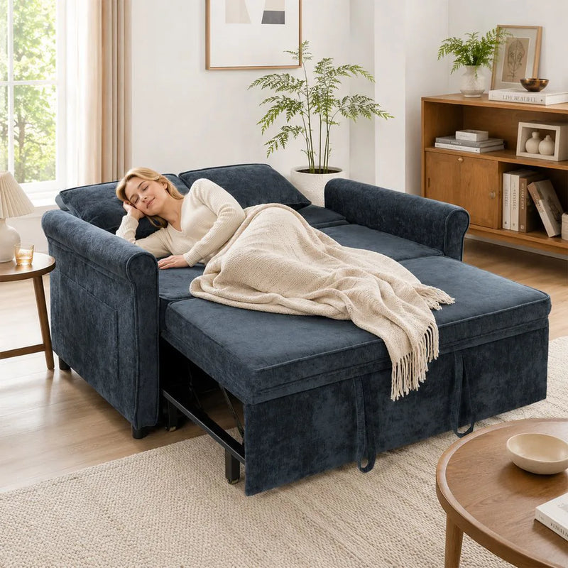HOMCOM 2 Seater Sofa Bed 3-in-1 Convertible Chenille Pull Out Sleeper Sofa with 5-Position Adjustable Backrest, Dark Blue