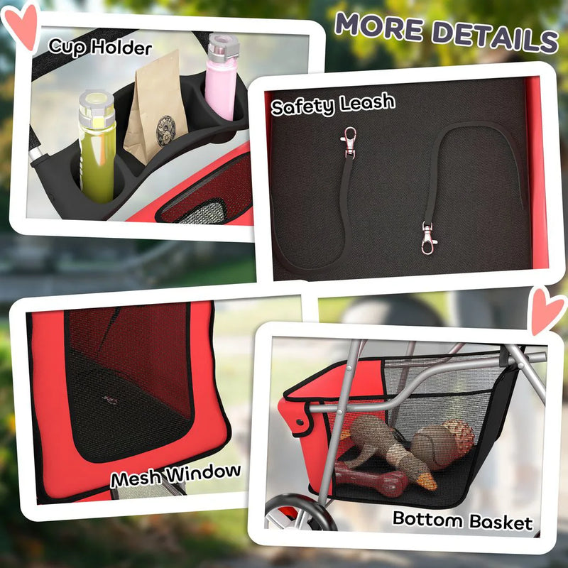 PawHut Dog Pram, Pet Stroller with Reflective Strips, Foldable Cat Stroller with 360° Swivel Wheels, Red