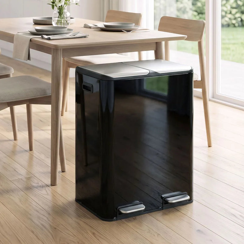 HOMCOM 2 x 30L Double Kitchen Bin, Stainless Steel Pedal Rubbish Bin with Dual Compartments, Soft Close Lids, High Gloss Black