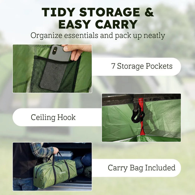 Outsunny 4 Person Easy Setup Family Camping Tent with 2 Rooms, Waterproof Tunnel Tent w/ Sewn In Groundsheet, Green & Grey