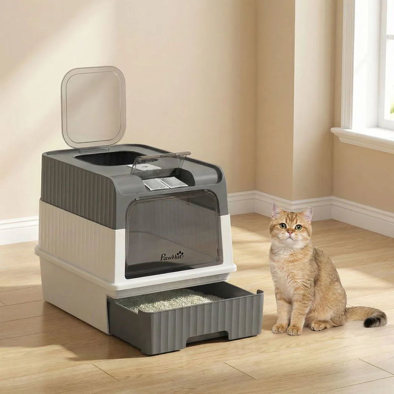 PawHut Enclosed Cat Litter Box with Lid, Pull-Out Drawer Tray, Scoop, 2 Deodorisation Bags, Front Entry & Top Exit, Grey