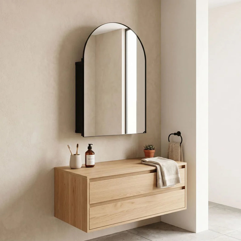 HOMCOM Bathroom Mirror Cabinet with Mirror, Arched Wall Mounted Bathroom Cabinet with Storage Shelves, Black