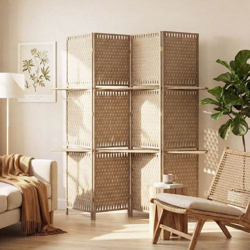 HOMCOM Wave Fibre Freestanding Folding Privacy Screen Panels, Room Divider, Natural Wood Finish