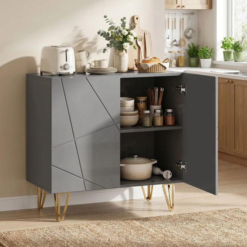 HOMCOM Modern Luxe High Gloss Sideboard, with Hairpin Legs - Grey
