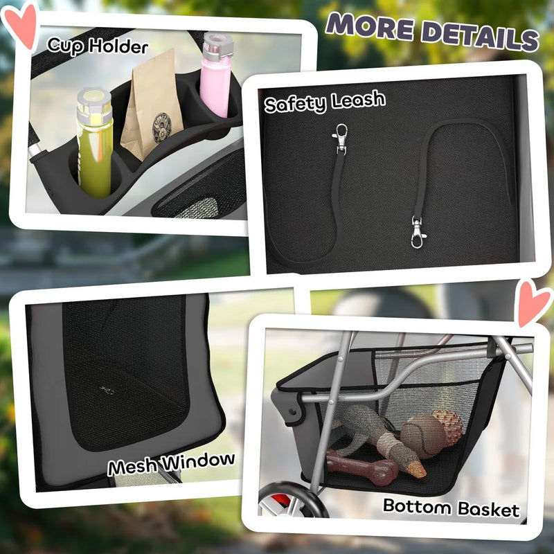 PawHut Dog Pram, Pet Stroller with Reflective Strips, Foldable Cat Stroller with 360° Swivel Wheels, Dark Grey