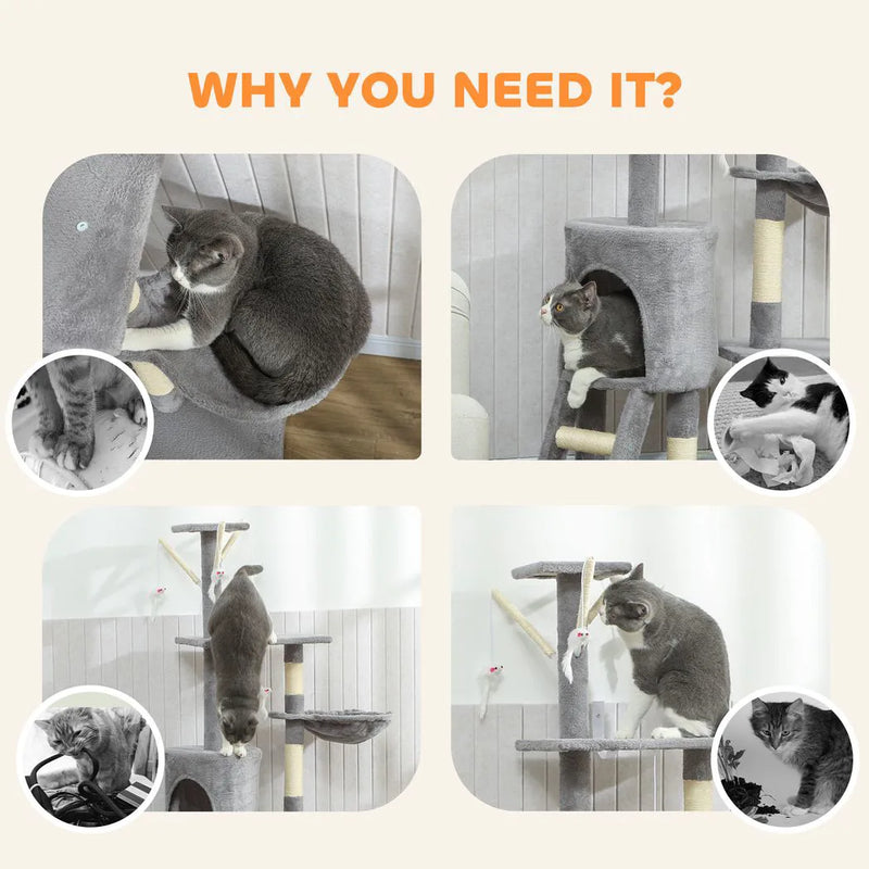 PawHut Multi-Level Cat Tower, 134cm Cat Tree with Condo and Sisal Scratching Posts for Indoor Kittens, Grey