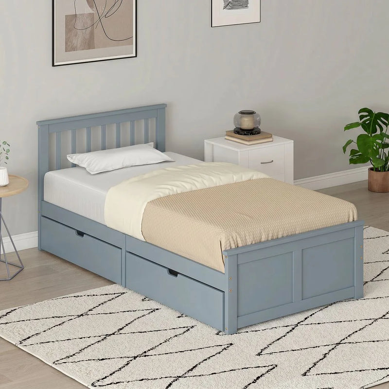 HOMCOM Pine Storage Bed, 3ft Single Solid Wooden Bed Frame with Drawers, Headboard, Wood Slat Support, Grey