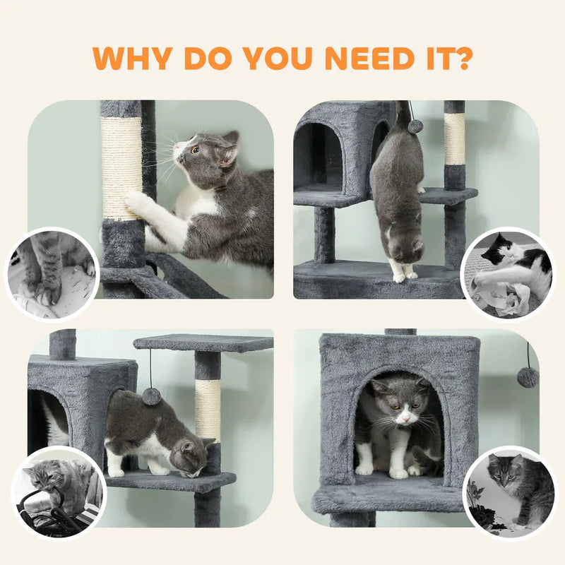PawHut 202cm Large Cat Tree with 6 Scratching Posts, 2 Hammocks, 2 Condos, 2 Perches, Pompoms, for Indoor Cats to Rest and Play