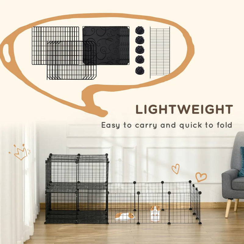PawHut Pet Playpen with Door, Guinea Pigs Metal Mesh Cage for Small Animal, Chinchilla, 175 x 105 x 70 CM, Black