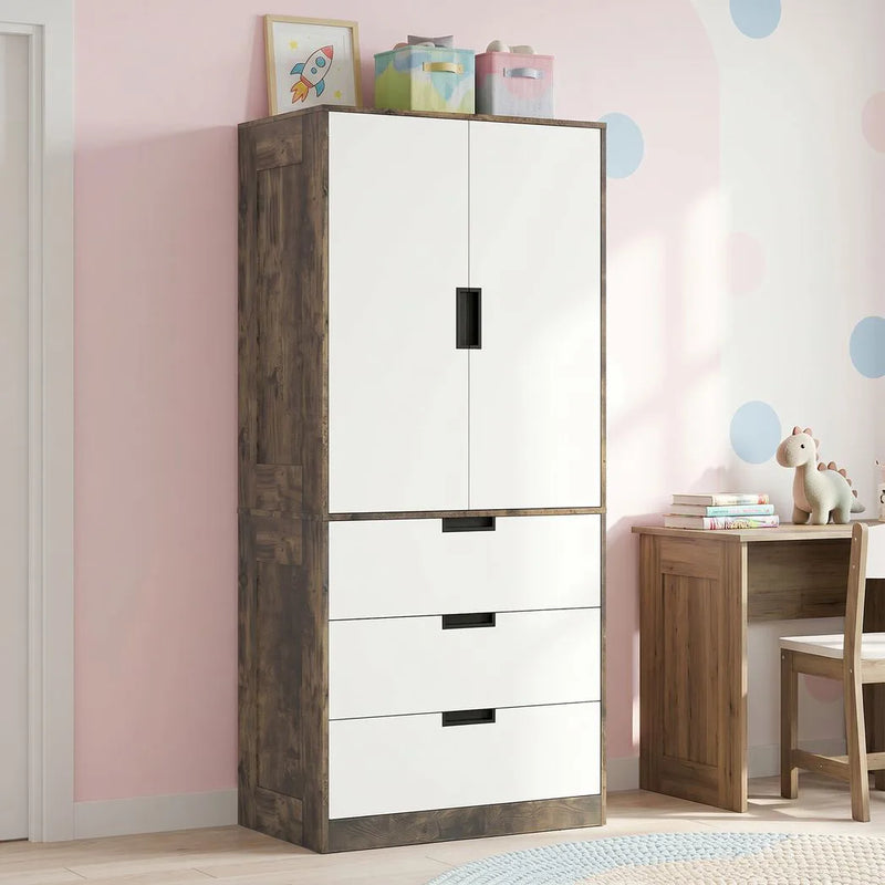 HOMCOM Modern Clothes Storage Cupboard Unit, 3 Drawer 2 Door Wardrobe with Hanging Rod, Rustic Brown