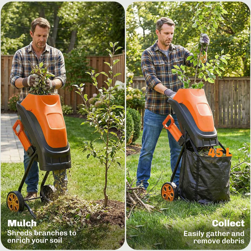 Outsunny 2500W Electric Wood Chipper, Corded Wood Mulcher Shredder with 45L Collection Bag, 4300RPM, 44mm Cutting Diameter