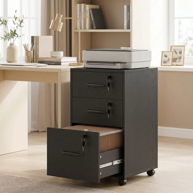 HOMCOM Three Drawer Wood-Effect Filing Cabinet - Black