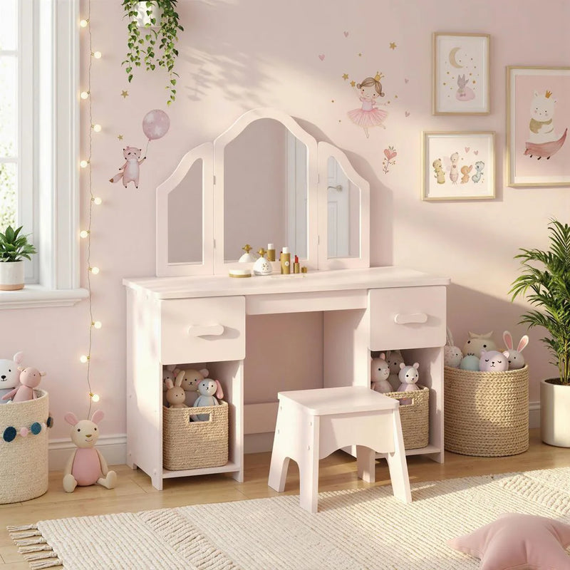 AIYAPLAY Kids Dressing Table, Kids Vanity Table and Chair Set with Tri-Folding Mirror, 2 Drawers, 2 Cabinets for Girls 3, Pink