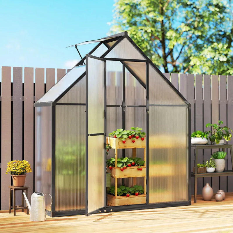 Outsunny 5.5 x 2ft Polycarbonate Greenhouse, Quick Setup Walk in Green House, Push Door, Adjustable Roof Vent, Rain Gutter, Black