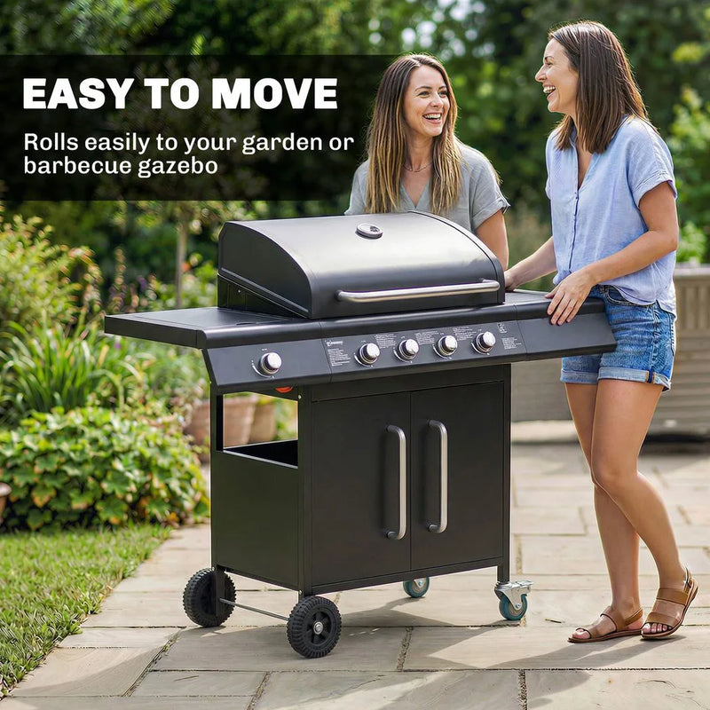 Outsunny 4 Burner Gas BBQ Grill with Storage Cabinet, 15.2 kW Gas Barbecue Trolley with Side Table, 4 Wheels, Warming Rack
