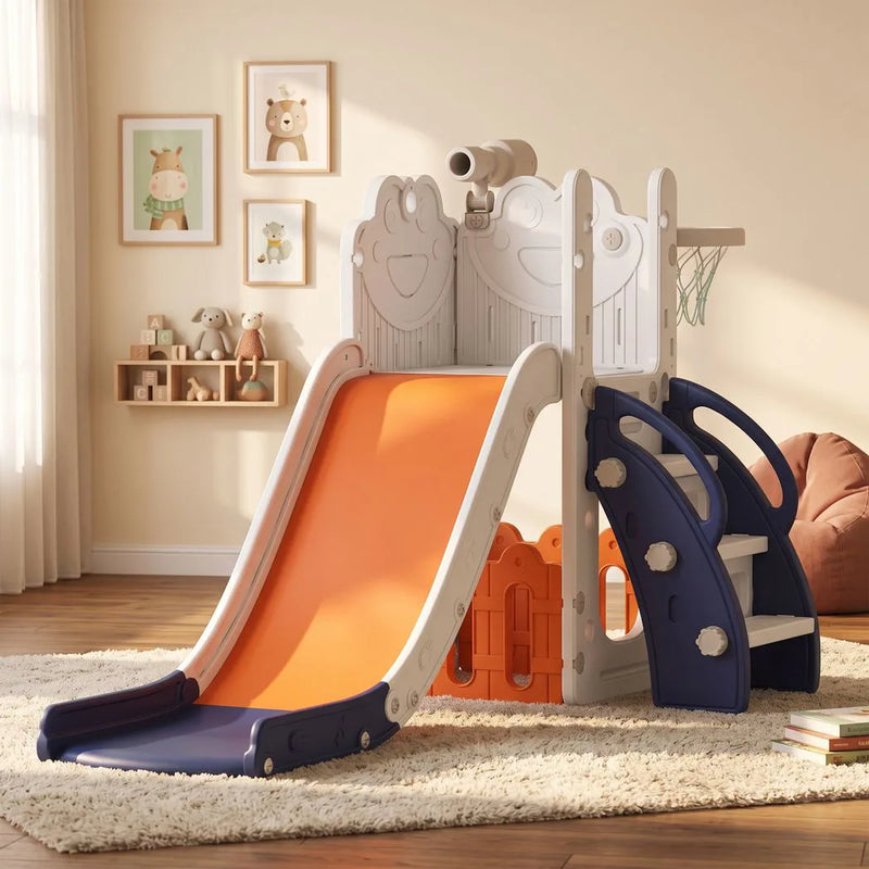 AIYAPLAY 5 in 1 Kids Slide Set with Basketball Hoop, Climbing Frame, Telescope, Storage Box for Toddlers Ages 1-3, Orange