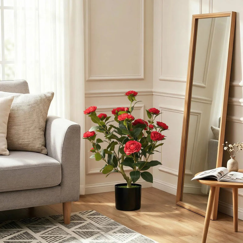 HOMCOM 65cm Artificial Camellia Flower Plant in Pot with 116 Lush Leaves & Moss Effect, Red