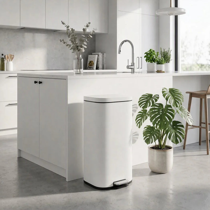 HOMCOM 30L Kitchen Bin, Compact Pedal Bin with Soft-Close and Stay-Open Lid, Removable Bucket for Kitchen, Home, Office, White