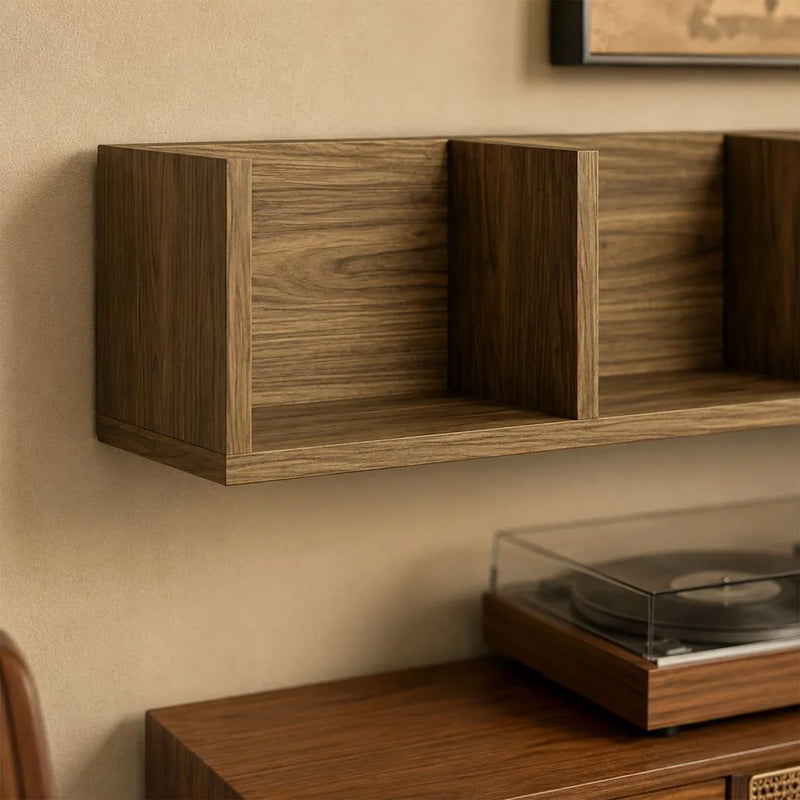 HOMCOM Wall Mount 84 CD / 56 DVD/Blu-ray/ Media Storage Rack 4 Cubes Wooden Shelf Organizer Unit Bookcase Display, Walnut