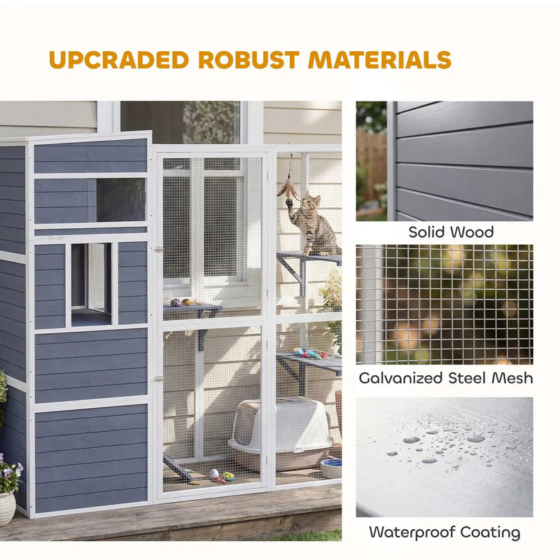 PawHut 4-Tier Wooden Catio Cat Outdoor Enclosure with Sun Roof, Resting Rooms, 3 Platforms, Window Outdoor Indoor, Grey